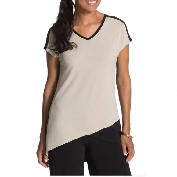 Chico's Knit Kit Tan & Black Colorblock Short Sleeve Blouse S - Picture 1 of 5